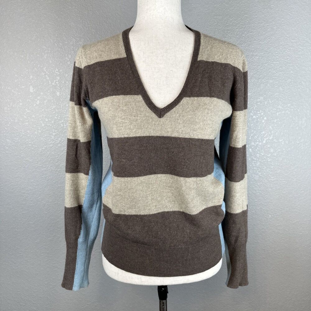 Roberto Collina Womens V-Neck Pullover Sweater Size M Brown Stripe Merino Angora